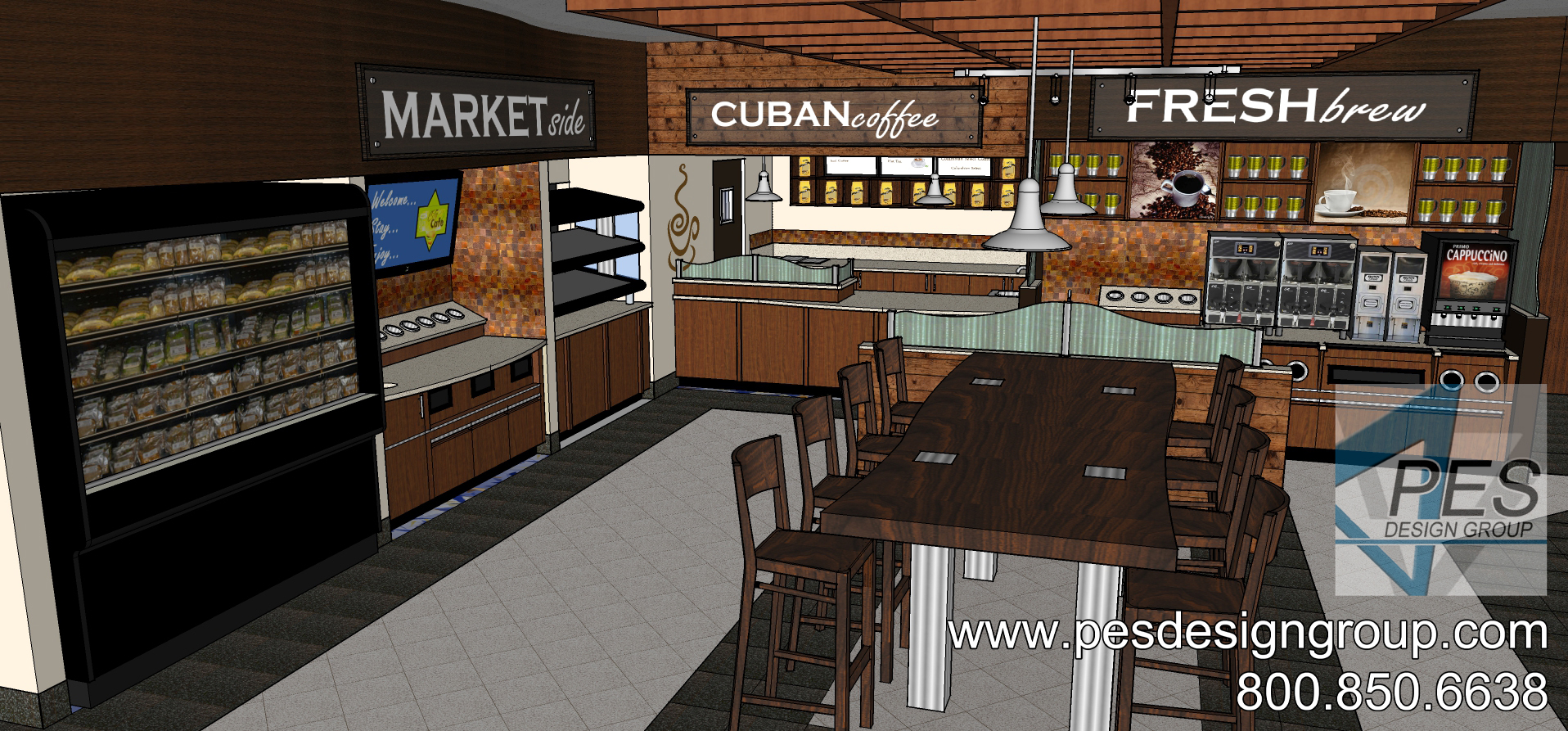 A concept rendering of the foodservice area, Cuban coffee and Fresh Brew counters at a Shell gas station and c-store in Coconut Creek, Florida.