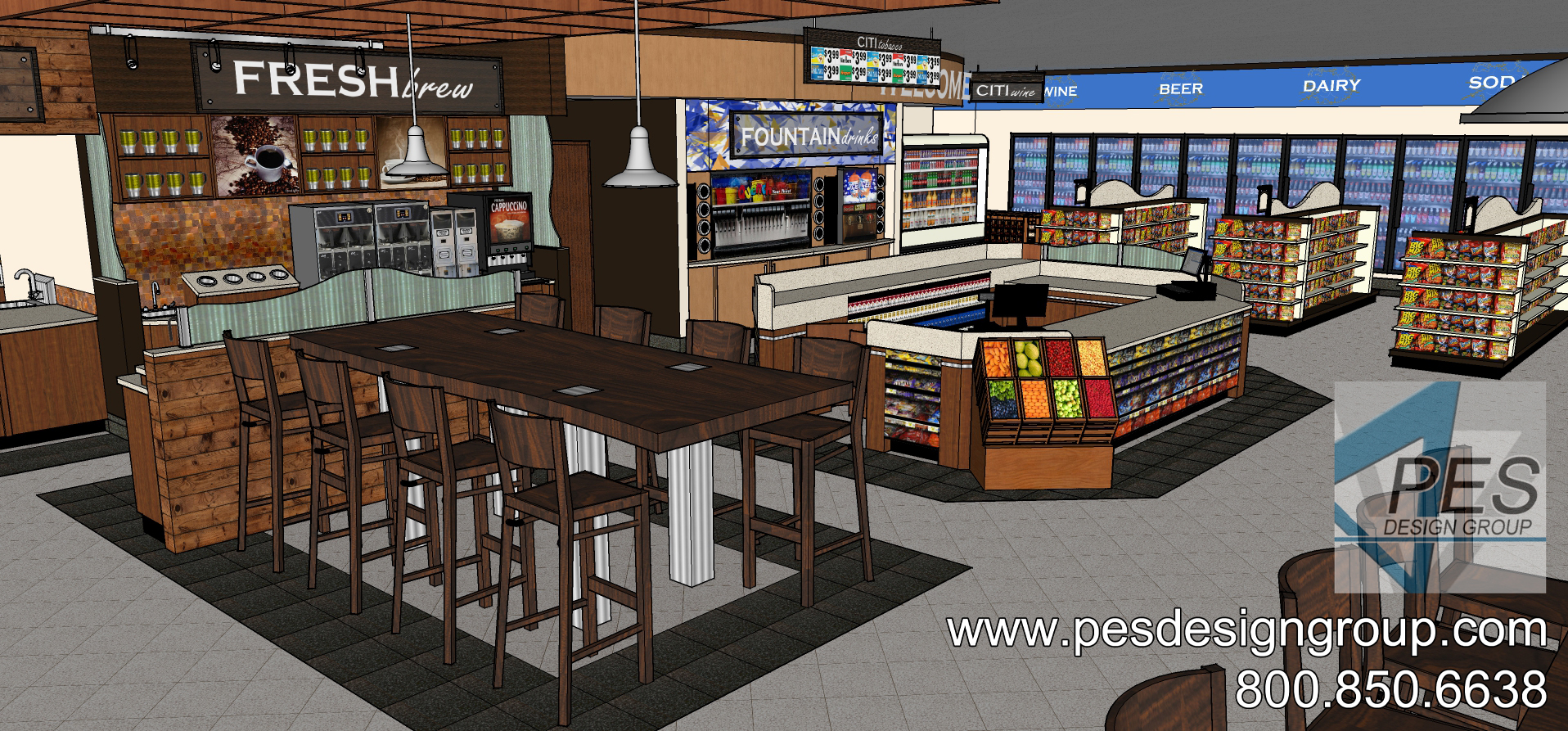 A concept rendering of the community table, cashier counter and fountain beverage area at a Shell gas station and c-store in Coconut Creek, Florida.
