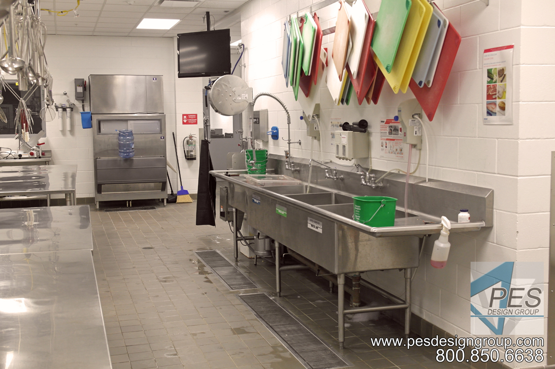 Three compartment scullery sink in Manatee Technical College's culinary teaching kitchen in Bradenton Florida.