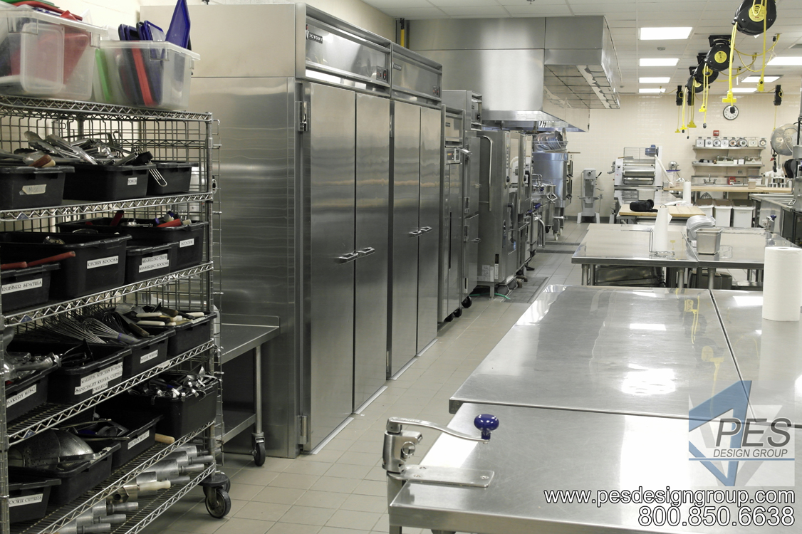 A view of the prep area in the Suncoast Technical College culinary teaching kitchen in Sarasota Florida.