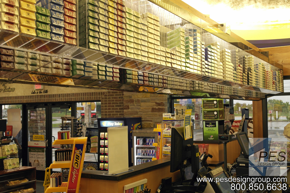 A look at the overhead cigarette display above the cashier counter at Grove Mart Shell in Lake in the Hills, IL.