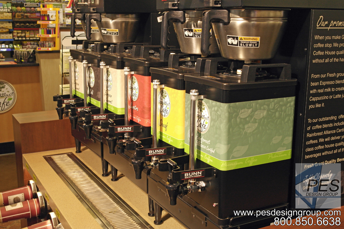 A line up of Bunn coffee brewers on the hot beverage island counter at Grove Mart Shell in Lake in the Hills, IL.