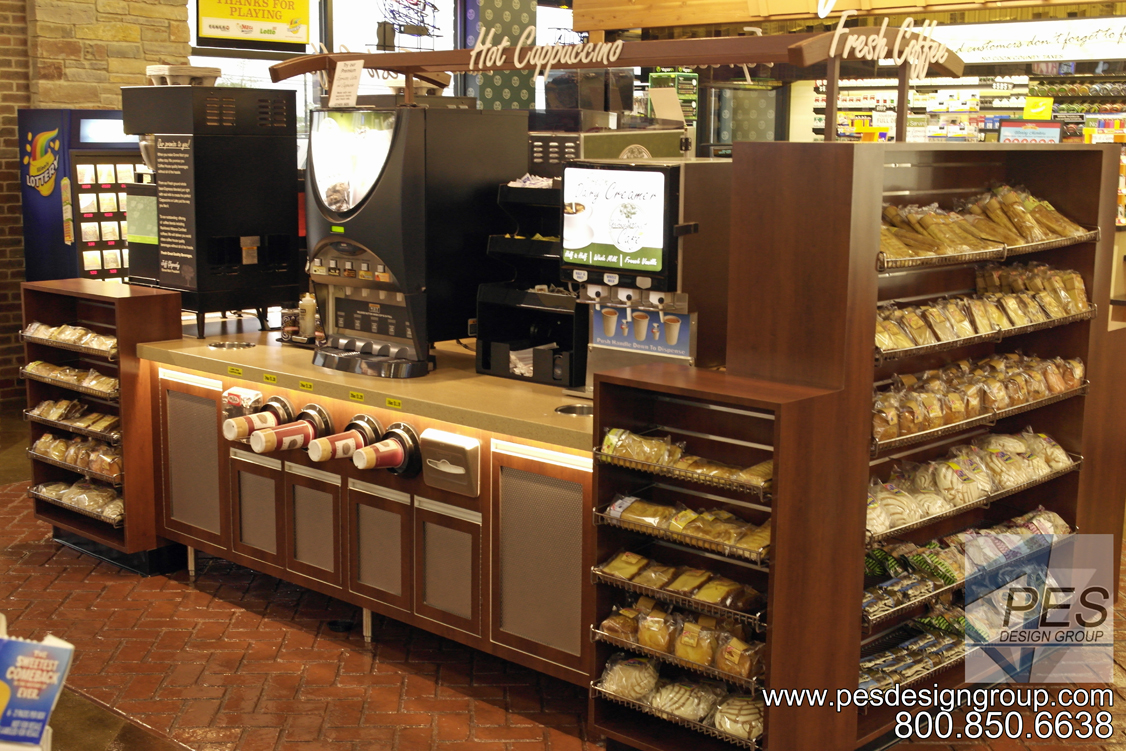 A look at custom coffee and hot beverage island counter at Grove Mart Shell in Lake in the Hills, IL.