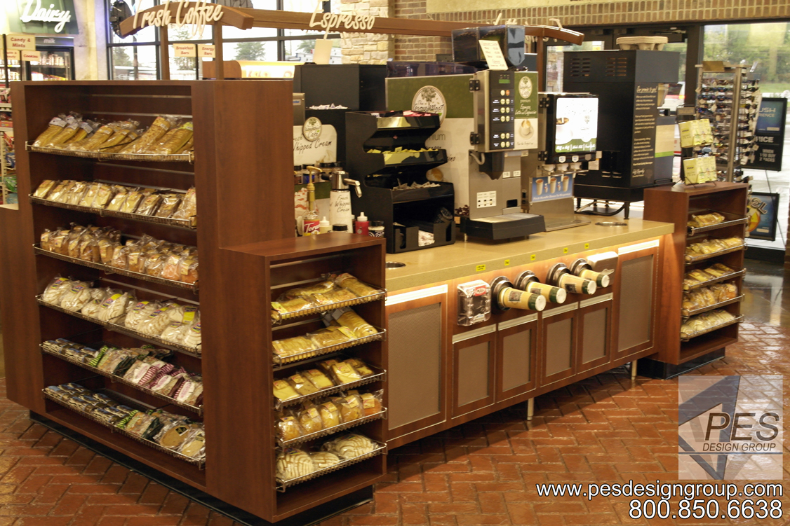 A look at custom coffee and hot beverage island counter at Grove Mart Shell in Lake in the Hills, IL.